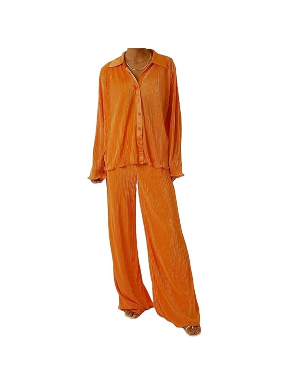 Women's 2 Piece Outfit Pleated Long Sleeve Button Down Shirt & Pants Orange Smal